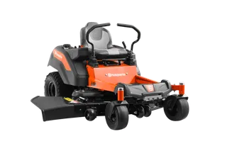 Front view of a Husqvarna zero-turn lawn mower with visible control levers and cutting deck.