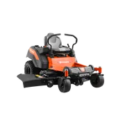 Front view of a Husqvarna zero-turn lawn mower with visible control levers and cutting deck.