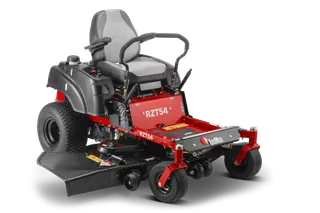 Front view of a zero-turn lawn mower with a comfortable seat and wide cutting deck.