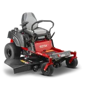 Front view of a zero-turn lawn mower with a comfortable seat and wide cutting deck.