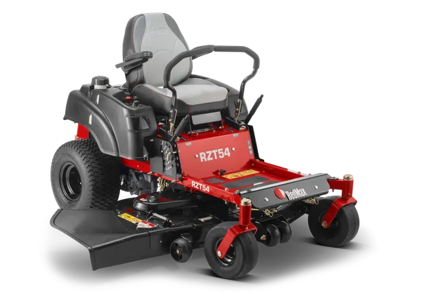 Front view of a zero-turn lawn mower with a comfortable seat and wide cutting deck.