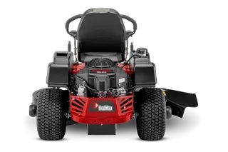 Front view of a RedMax ride-on mower showcasing its engine and cutting deck.