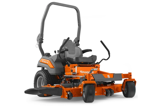 Side view of a Husqvarna commercial front mower with cutting deck.