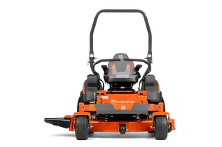 Front view of a Husqvarna ride-on mower with a roll-over protection system.