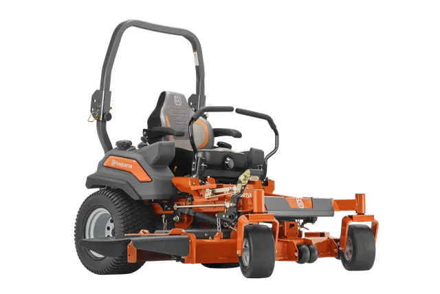 Side view of a Husqvarna ride-on mower with cutting deck.