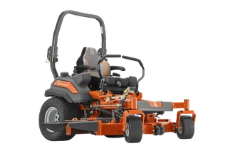 Side view of a Husqvarna ride-on mower with cutting deck.