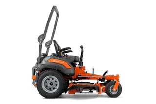 Side view of a Husqvarna zero-turn ride-on mower with roll-over protection system.