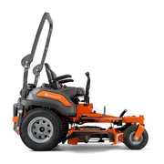 Side view of a Husqvarna zero-turn ride-on mower with roll-over protection system.