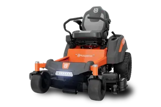 Front view of a Husqvarna zero-turn ride-on mower.