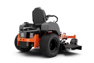 Rear view of a Husqvarna commercial front mower with cutting deck.