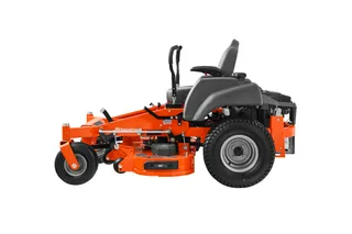 Side view of a Husqvarna ride-on lawn mower with visible cutting deck.