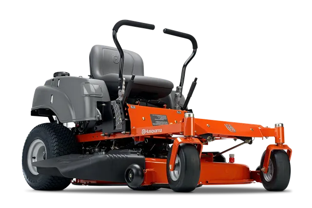 Side view of a Husqvarna zero-turn mower with cutting deck.
