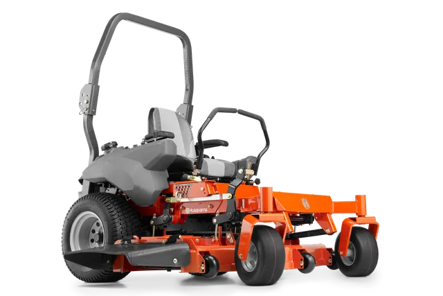 Side view of a Husqvarna commercial front mower with cutting deck.