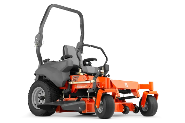 Side view of a Husqvarna commercial front mower with cutting deck.