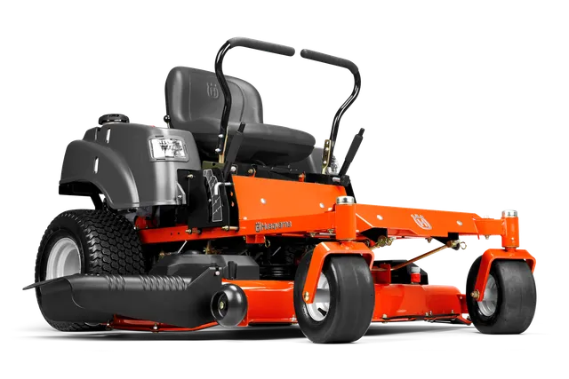 Side view of a Husqvarna zero-turn lawn mower with dual steering levers.
