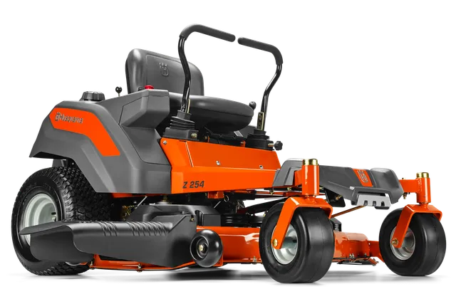 Side view of a Husqvarna zero-turn mower with cutting deck.