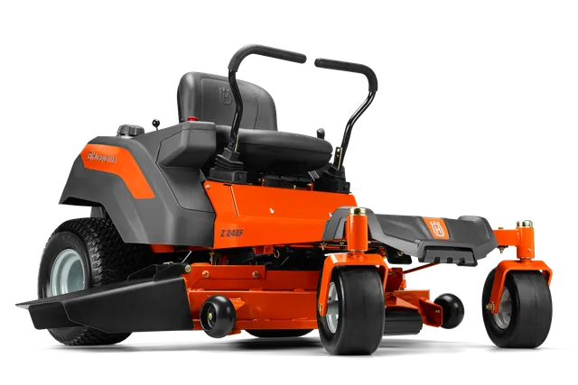 Side view of a Husqvarna ride-on mower with cutting deck.