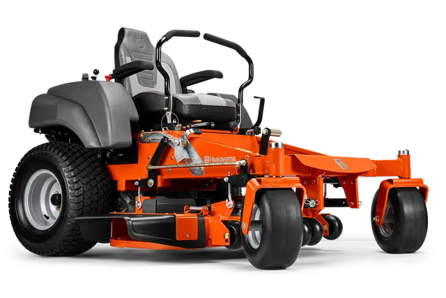 Side view of a Husqvarna zero-turn ride-on mower with visible cutting deck.