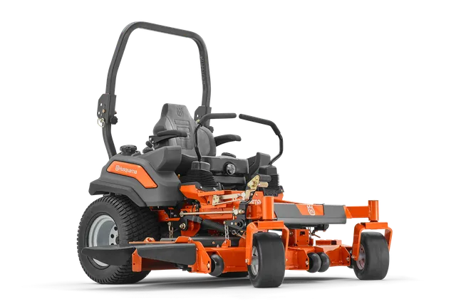 Seitenansicht eines Husqvarna Nullwendekreismähers mit Mähdeck.