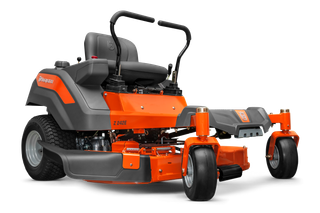 Side view of a Husqvarna zero-turn mower with dual steering levers.