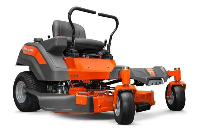 Side view of a Husqvarna zero-turn mower with dual steering levers.