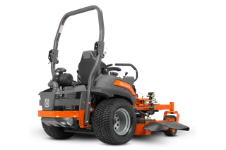 Rear view of a Husqvarna commercial front mower with cutting deck.