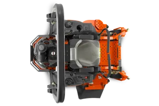 Top view of a commercial front mower with visible engine and seat.