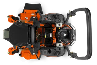 Top view of a commercial front mower with visible engine and control panel.