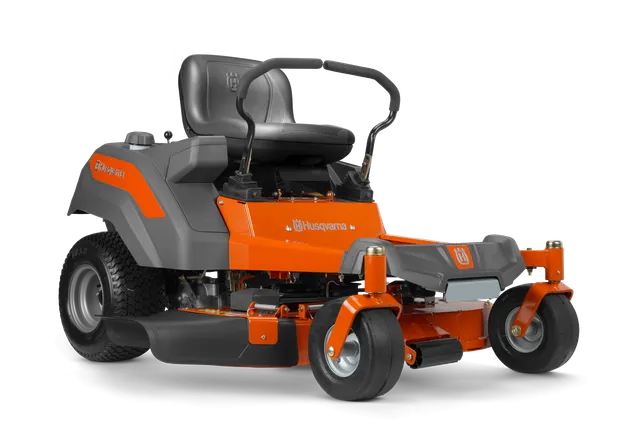 Vista lateral de un tractor cortacésped Husqvarna con equipo de corte.