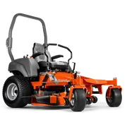 Vista lateral de un cortacésped de giro cero Husqvarna con asientos y mandos de conducción ergonómicos.