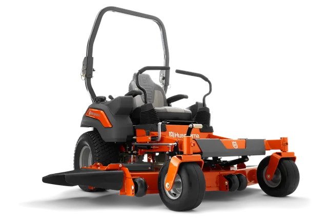 Vista frontal de un cortacésped de giro cero Husqvarna.