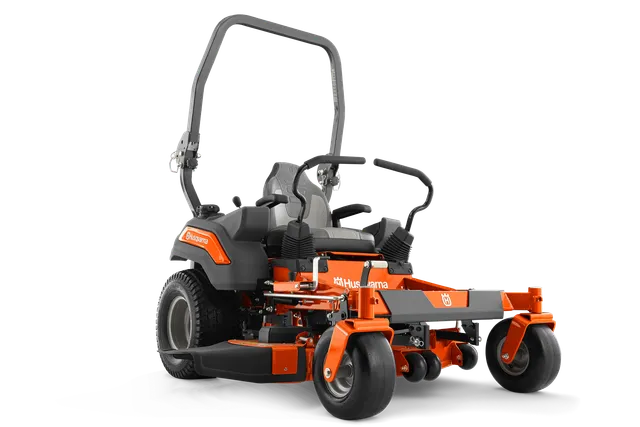Vue latérale d’une tondeuse autoportée à rayon de braquage zéro Husqvarna avec deux leviers de direction.