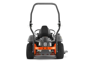 Rear view of a Husqvarna commercial front mower with cutting deck.