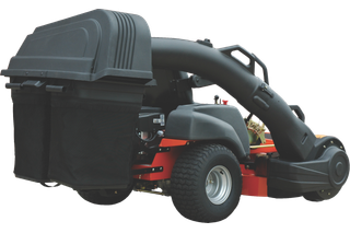 Rear view of a commercial front mower with grass collection system.