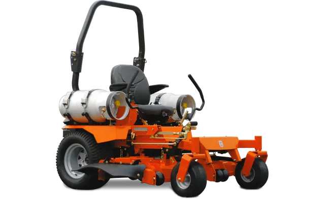 HUSQVARNA PZ60P. Side view of a Husqvarna commercial front mower with dual gas tanks.