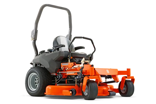 Side view of a Husqvarna commercial front mower with cutting deck.