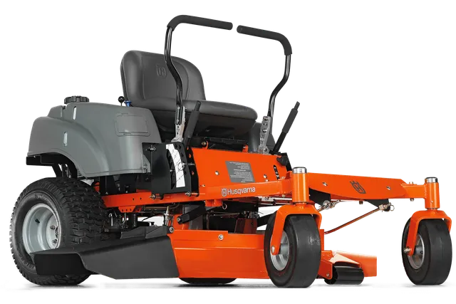 Side view of a Husqvarna zero-turn lawn mower with visible cutting deck.