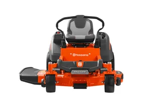 Front view of a Husqvarna ride-on mower with visible cutting deck.