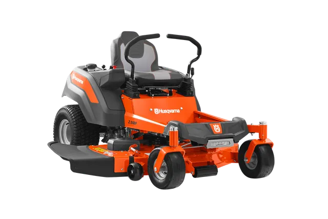 Side view of a Husqvarna zero-turn mower with cutting deck.