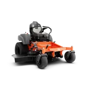 Front view of a Husqvarna zero-turn ride-on mower with a cutting deck.