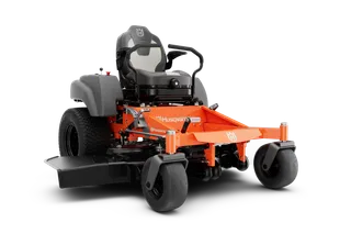 Front view of a Husqvarna zero-turn ride-on mower with a cutting deck.