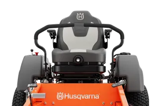 Front view of a Husqvarna ride-on mower seat and steering wheel.