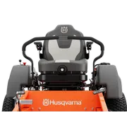Front view of a Husqvarna ride-on mower seat and steering wheel.
