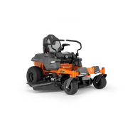Side view of a Husqvarna ride-on mower with visible seat and steering handles.