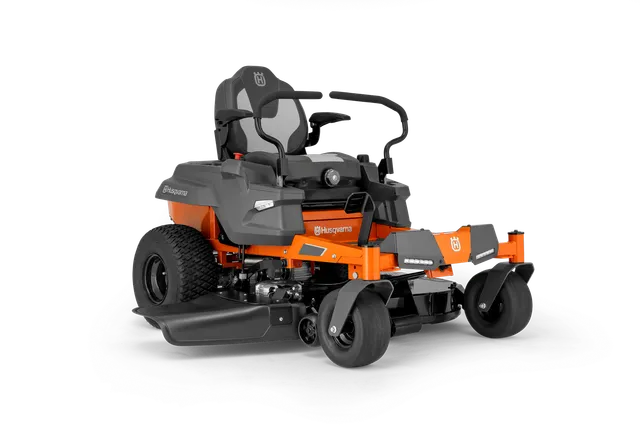 Side view of a Husqvarna ride-on mower with visible seat and steering handles.