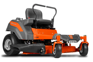 Front-side view of a Husqvarna Z 146 ride-on mower with cutting deck and dual steering levers.