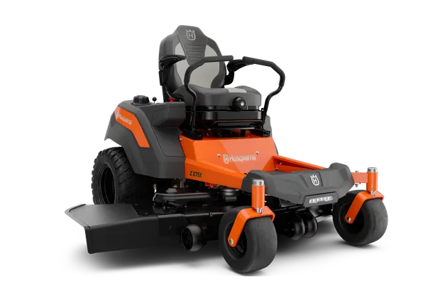 Front view of a Husqvarna zero-turn mower with a cutting deck.