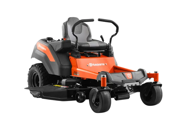 Front view of a Husqvarna zero-turn ride-on mower.