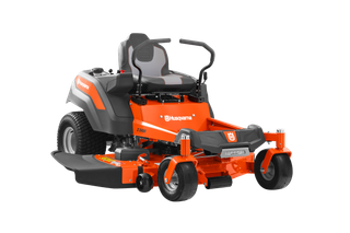 Front three-quarter view of a Husqvarna zero-turn ride-on mower with cutting deck.