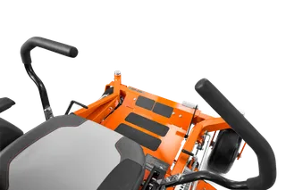 Top view of a ride-on mower's control area with steering levers and seat.